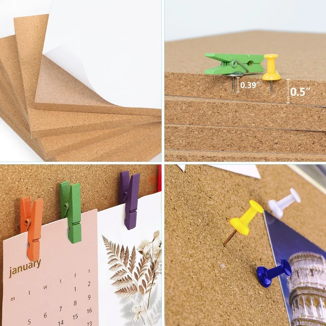 Alt view image 5 of 7 - Cork Board Bulletin Board 17"x8", 1/2" Thick Cork Board Tiles 6 Pack, Small Pin Board for Wall Decor, Self Adhesive Corkboards with 60 Push Pin Wood Clips for School, Home & Office