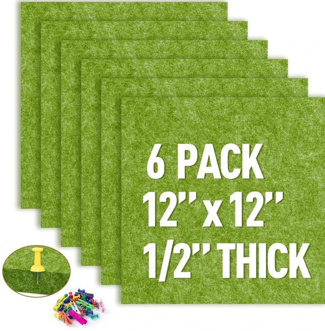 Main image of Cork Bulletin Board 12x12, 1/2" Thick Felt Cork Board Tiles 6 Pack, Small Square Pin Board for Wall, Self Adhesive Corkboards with 60 Push Pin Wood Clips for School, Home & Office, Green