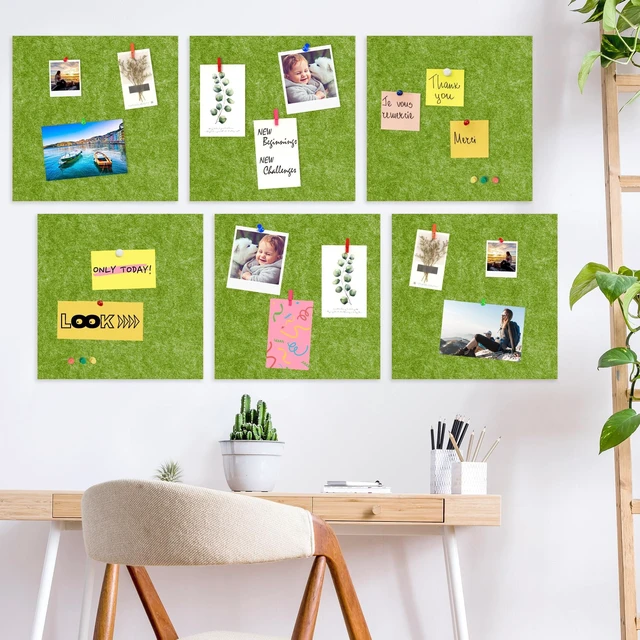 Alt view image 2 of 7 - Cork Bulletin Board 12x12, 1/2" Thick Felt Cork Board Tiles 6 Pack, Small Square Pin Board for Wall, Self Adhesive Corkboards with 60 Push Pin Wood Clips for School, Home & Office, Green