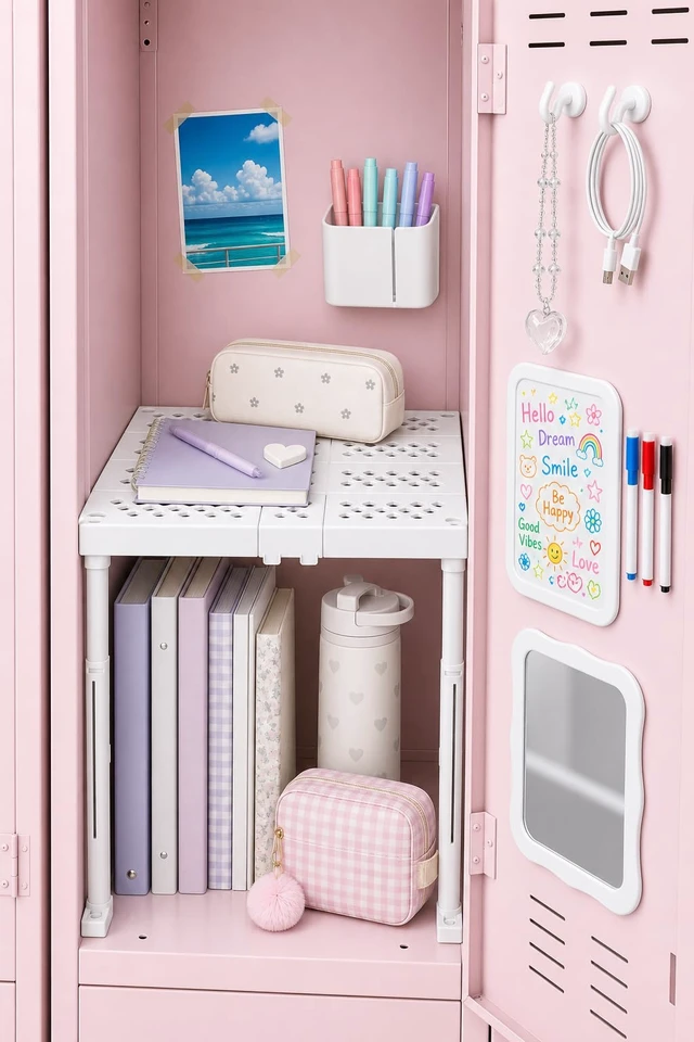 Alt view image 2 of 7 - 9PCS Locker Accessories for Girl, Locker Organizer, Adjustable Locker Shelf Sturdy Locker Shelf, Magnetic Whiteboard, Mirror, Pen Holder, Hooks & 3 Markers, Back to School Essentials Locker Decor