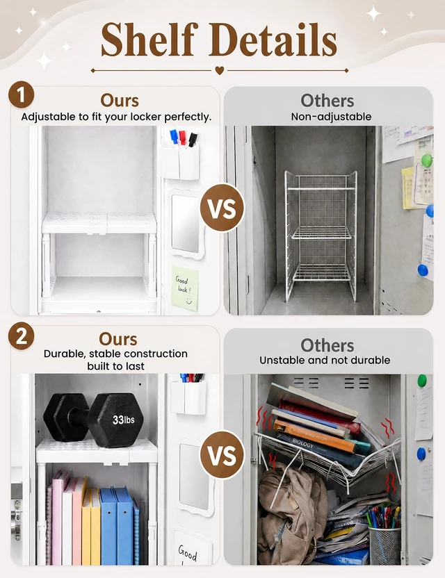 Alt view image 3 of 7 - 9PCS Locker Accessories for Girl, Locker Organizer, Adjustable Locker Shelf Sturdy Locker Shelf, Magnetic Whiteboard, Mirror, Pen Holder, Hooks & 3 Markers, Back to School Essentials Locker Decor