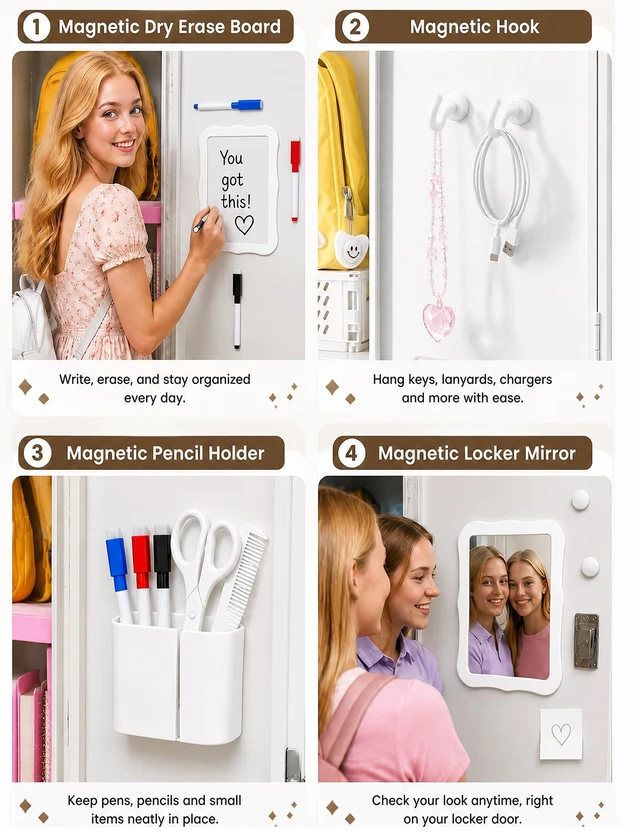 Alt view image 4 of 7 - 9PCS Locker Accessories for Girl, Locker Organizer, Adjustable Locker Shelf Sturdy Locker Shelf, Magnetic Whiteboard, Mirror, Pen Holder, Hooks & 3 Markers, Back to School Essentials Locker Decor