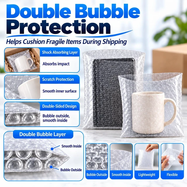 Alt view image 3 of 7 - 50PCS 10x12" Bubble Pouches, Clear Double-Wall Shockproof Protective Bags Double-Wall Thickening for Superior Cushioning,Shockproof & Lightweight. Ideal for Moving, Shipping, Packing & Storage