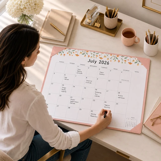 Alt view image 3 of 7 - Desk Calendar 2026-2027 with Desktop Mat,22x17'' Large Desktop Pad Calendar 18-Month Calendar July 2026-Dec 2027, Teacher Monthly Calendar for Home School Office, Pink with 6 Stickers