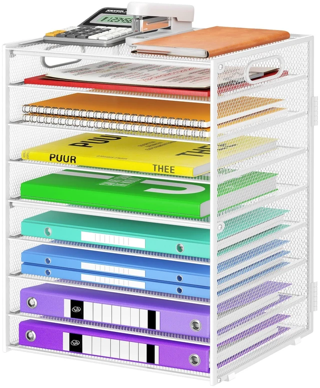 Main image of 9 Tier Paper Organizer with Handle, White Large Capacity Desk Organizer Mesh File Folder Letter Paper Tray Desktop Document Sorter for Classroom, School, and Office Accessories Organization