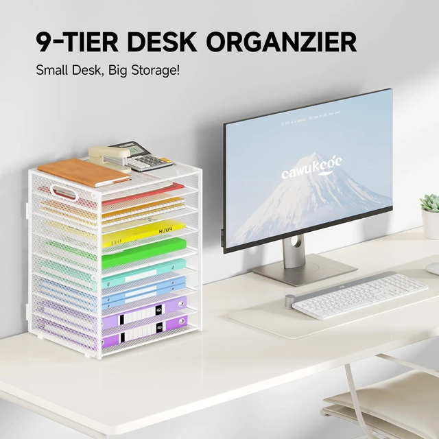 Alt view image 2 of 6 - 9 Tier Paper Organizer with Handle, White Large Capacity Desk Organizer Mesh File Folder Letter Paper Tray Desktop Document Sorter for Classroom, School, and Office Accessories Organization