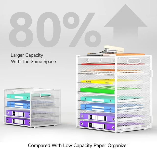 Alt view image 3 of 6 - 9 Tier Paper Organizer with Handle, White Large Capacity Desk Organizer Mesh File Folder Letter Paper Tray Desktop Document Sorter for Classroom, School, and Office Accessories Organization
