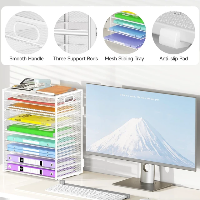 Alt view image 4 of 6 - 9 Tier Paper Organizer with Handle, White Large Capacity Desk Organizer Mesh File Folder Letter Paper Tray Desktop Document Sorter for Classroom, School, and Office Accessories Organization