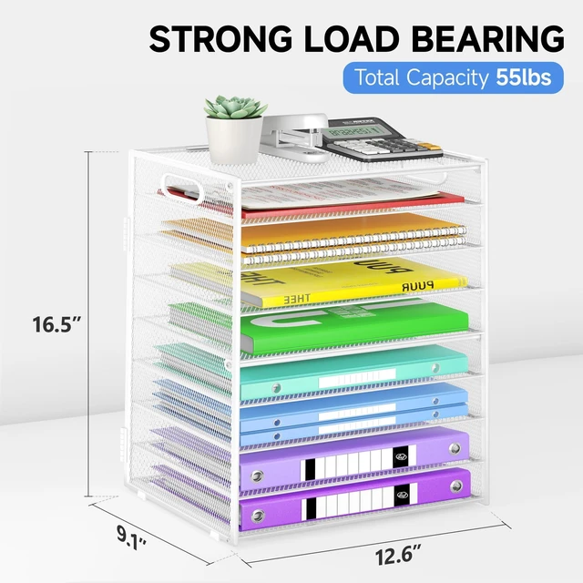 Alt view image 6 of 6 - 9 Tier Paper Organizer with Handle, White Large Capacity Desk Organizer Mesh File Folder Letter Paper Tray Desktop Document Sorter for Classroom, School, and Office Accessories Organization