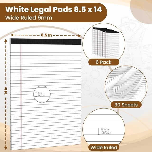 Alt view image 2 of 7 - Legal Pads 8.5 x 14 Note Pads, 6 Pack Writing Pads Wide Ruled White Notepad Micro Perforated Notepads, Double-Side Printed Lined Paper Pads 30 Sheets per Notepad, Legal Pads for Home, Office, School