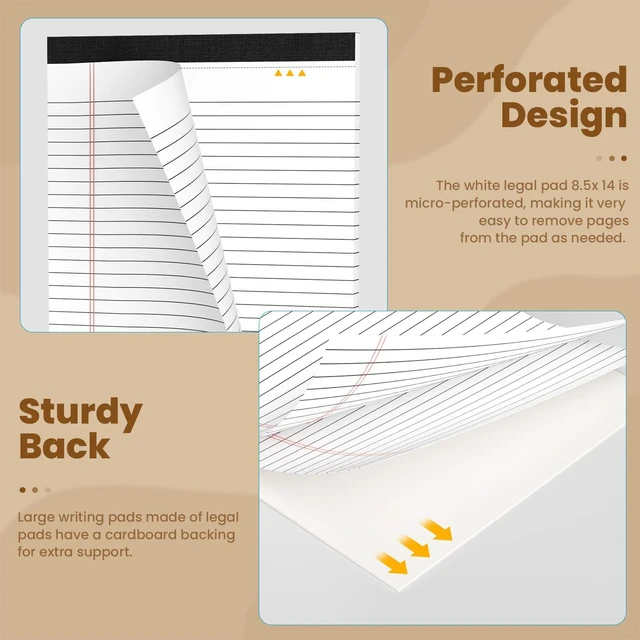 Alt view image 3 of 7 - Legal Pads 8.5 x 14 Note Pads, 6 Pack Writing Pads Wide Ruled White Notepad Micro Perforated Notepads, Double-Side Printed Lined Paper Pads 30 Sheets per Notepad, Legal Pads for Home, Office, School