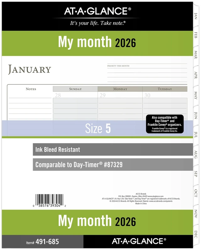 Main image of 2026 Planner Refill, Monthly, 8-1/2" x 11", Folio Size 5, Loose-Leaf (491-685-26)