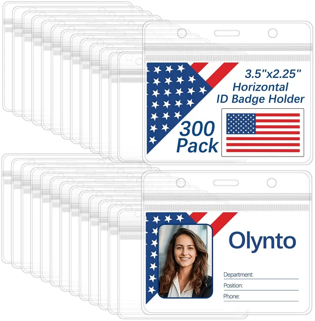 Main image of 300 Pcs Clear Horizontal Plastic Badge Holders for Lanyards -Waterproof ID Card Holder Name Tag Badge Protector Sleeve for Office, School, Nurses, Work ID Badges Cover with Resealable Zipper