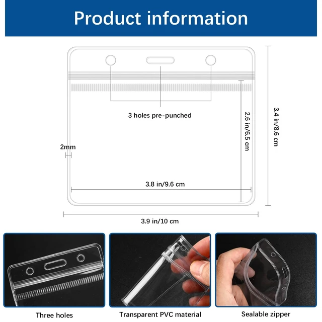 Alt view image 2 of 6 - 300 Pcs Clear Horizontal Plastic Badge Holders for Lanyards -Waterproof ID Card Holder Name Tag Badge Protector Sleeve for Office, School, Nurses, Work ID Badges Cover with Resealable Zipper