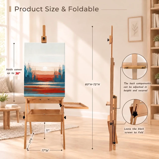 Alt view image 2 of 7 - Large Beech Wood Painting Easel H-Frame, Drawer with Palette (60"~75"H), Adjustable Foldable Wooden Easel Stand with Signature Box for Adults and Students, Canvas Holder up to 36''