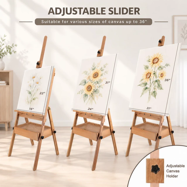 Alt view image 4 of 7 - Large Beech Wood Painting Easel H-Frame, Drawer with Palette (60"~75"H), Adjustable Foldable Wooden Easel Stand with Signature Box for Adults and Students, Canvas Holder up to 36''
