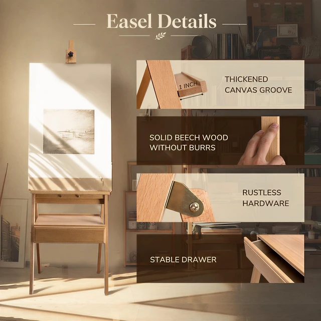 Alt view image 5 of 7 - Large Beech Wood Painting Easel H-Frame, Drawer with Palette (60"~75"H), Adjustable Foldable Wooden Easel Stand with Signature Box for Adults and Students, Canvas Holder up to 36''