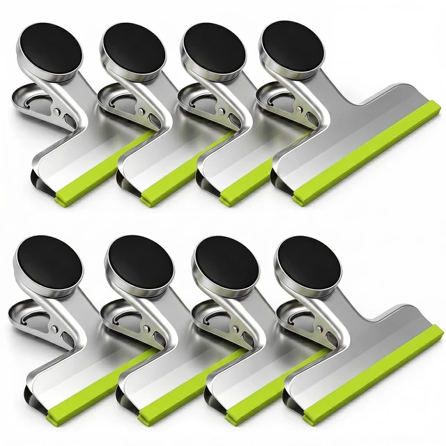 Main image of Magnetic Chip Clips, Stainless Steel Chip Bag Clips with Strong Magnet and Silicone Cover, Heavy Duty Food Bag Clip for Kitchen Storage, 8 Pack Green, 3 Inch