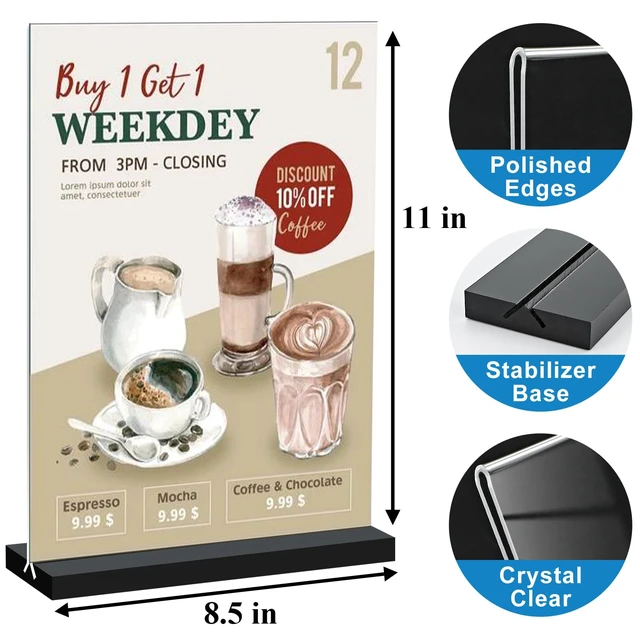 Alt view image 2 of 7 - 8.5x11 Acrylic Sign Holder Vertical Double-Sided Tabletop Sign Holder with Black Base, Plastic Picture Frame Paper Holder, Clear Menu Display Stand for Office Restaurant Store Home 8 Pack