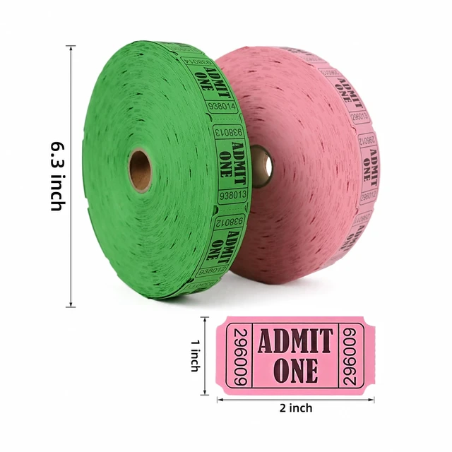 Alt view image 2 of 7 - 4000 Pink & Green 1 x 2 Admit One Tickets Perforated Admit One Design, Great for Carnivals, Door Prizes, Fundraisers & Drink Tickets