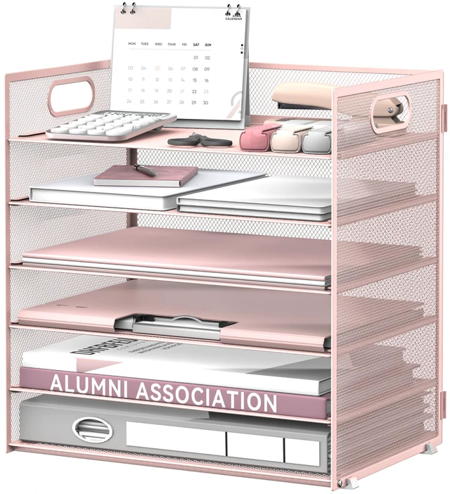 Main image of 6-Tier Paper Organizer for Desk with Handle, Pink Sturdy Metal Mesh Organizer with Movable Middle Trays and a Carry Handle for Papers, Folders and Office Supplies