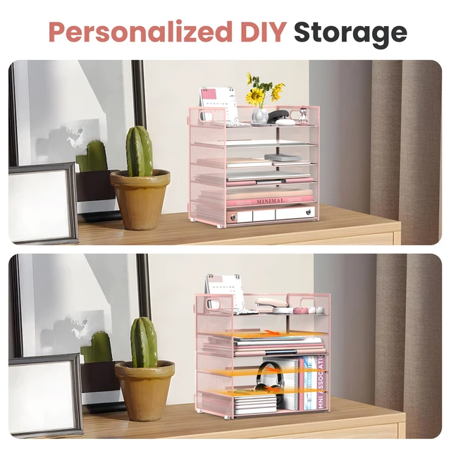 Alt view image 2 of 7 - 6-Tier Paper Organizer for Desk with Handle, Pink Sturdy Metal Mesh Organizer with Movable Middle Trays and a Carry Handle for Papers, Folders and Office Supplies