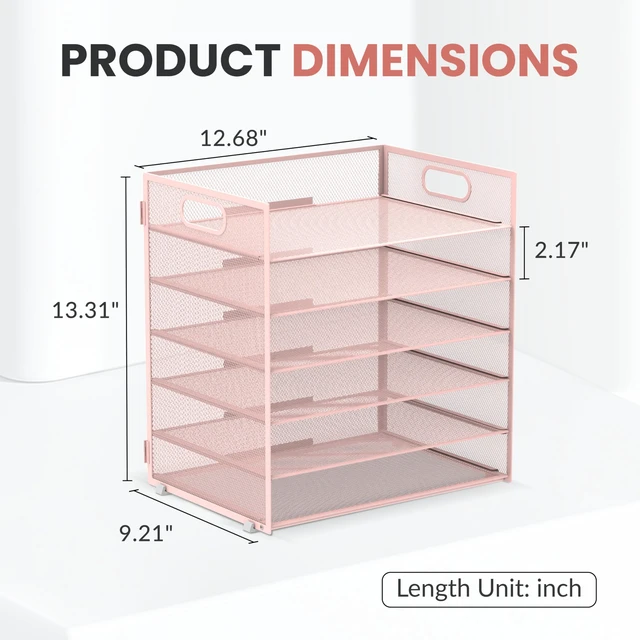 Alt view image 3 of 7 - 6-Tier Paper Organizer for Desk with Handle, Pink Sturdy Metal Mesh Organizer with Movable Middle Trays and a Carry Handle for Papers, Folders and Office Supplies