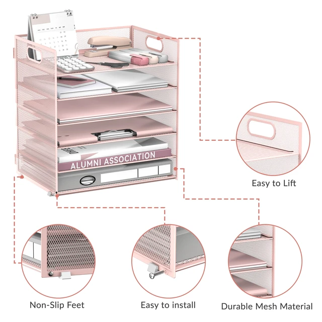 Alt view image 4 of 7 - 6-Tier Paper Organizer for Desk with Handle, Pink Sturdy Metal Mesh Organizer with Movable Middle Trays and a Carry Handle for Papers, Folders and Office Supplies