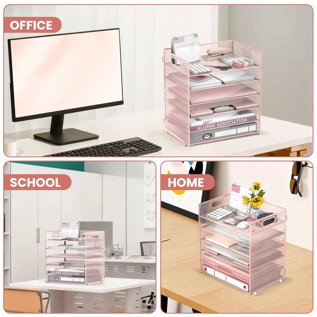 Alt view image 6 of 7 - 6-Tier Paper Organizer for Desk with Handle, Pink Sturdy Metal Mesh Organizer with Movable Middle Trays and a Carry Handle for Papers, Folders and Office Supplies