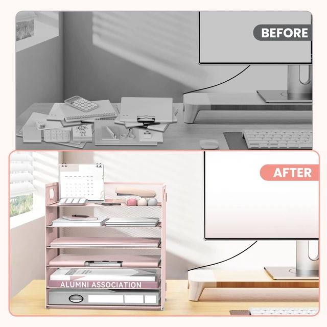 Alt view image 7 of 7 - 6-Tier Paper Organizer for Desk with Handle, Pink Sturdy Metal Mesh Organizer with Movable Middle Trays and a Carry Handle for Papers, Folders and Office Supplies