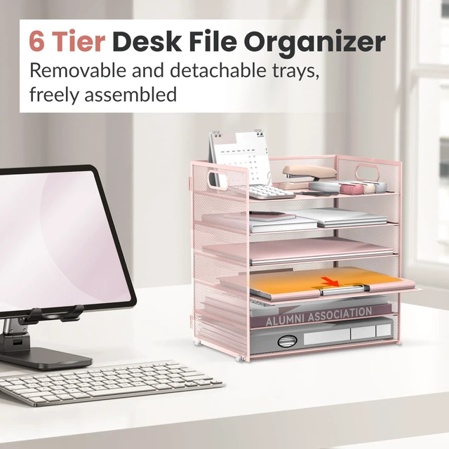 Alt view image 5 of 7 - 6-Tier Paper Organizer for Desk with Handle, Pink Sturdy Metal Mesh Organizer with Movable Middle Trays and a Carry Handle for Papers, Folders and Office Supplies