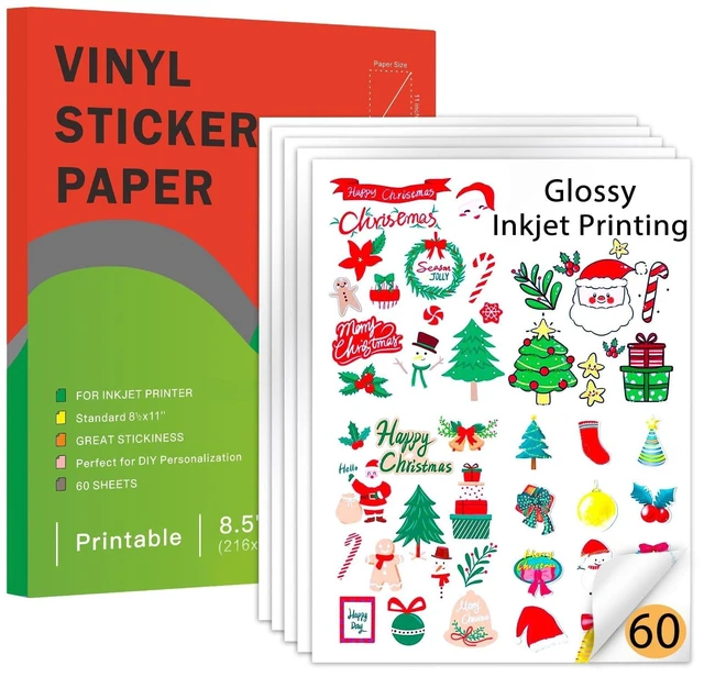 Main image of Printable Vinyl Sticker Paper for Inkjet Printers, 60 Sheets Glossy White 8.5 x 11 Inch, Waterproof, Quick Dry, Vivid Colors, Compatible with Cricut for Decals and DIY Stickers