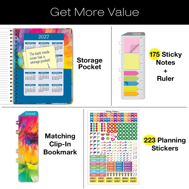 Alt view image 4 of 7 - HARDCOVER Academic Year 2026-2027 Planner: 14 Months (May 2026 Through June 2027) 8.5"x 11" Daily Weekly Monthly Planner Yearly Agenda. Bookmark, Pocket Folder and Sticky Note Set (Rainbow Petals)
