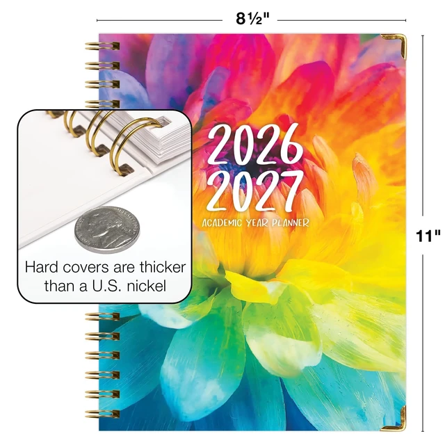 Alt view image 3 of 7 - HARDCOVER Academic Year 2026-2027 Planner: 14 Months (May 2026 Through June 2027) 8.5"x 11" Daily Weekly Monthly Planner Yearly Agenda. Bookmark, Pocket Folder and Sticky Note Set (Rainbow Petals)