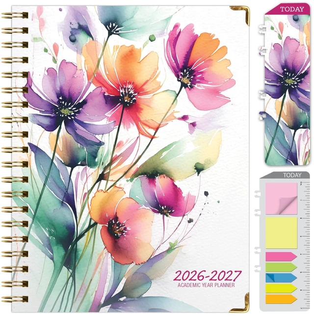 Main image of HARDCOVER Academic Year 2026-2027 Planner: 14 Months (May 2026 Through June 2027) 8.5"x 11" Daily Weekly Monthly Planner Yearly Agenda. Bookmark, Pocket Folder and Sticky Note Set (Rainbow Floral)