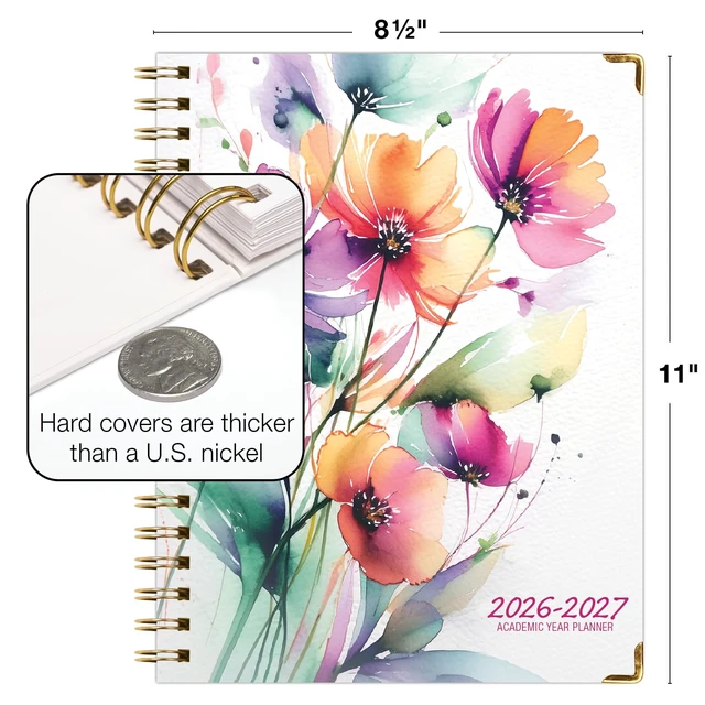 Alt view image 3 of 7 - HARDCOVER Academic Year 2026-2027 Planner: 14 Months (May 2026 Through June 2027) 8.5"x 11" Daily Weekly Monthly Planner Yearly Agenda. Bookmark, Pocket Folder and Sticky Note Set (Rainbow Floral)