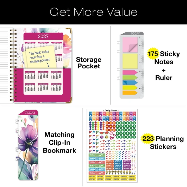 Alt view image 4 of 7 - HARDCOVER Academic Year 2026-2027 Planner: 14 Months (May 2026 Through June 2027) 8.5"x 11" Daily Weekly Monthly Planner Yearly Agenda. Bookmark, Pocket Folder and Sticky Note Set (Rainbow Floral)