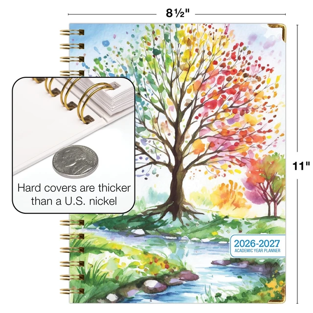 Alt view image 3 of 7 - HARDCOVER Academic Year 2026-2027 Planner: 14 Months (May 2026 Through June 2027) 8.5"x 11" Daily Weekly Monthly Planner Yearly Agenda. Bookmark, Pocket Folder and Sticky Note Set (Tree Seasons)