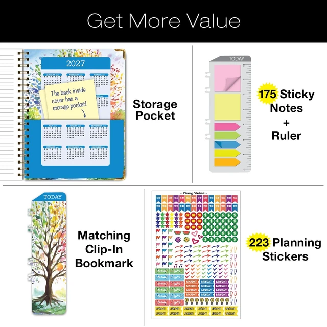 Alt view image 4 of 7 - HARDCOVER Academic Year 2026-2027 Planner: 14 Months (May 2026 Through June 2027) 8.5"x 11" Daily Weekly Monthly Planner Yearly Agenda. Bookmark, Pocket Folder and Sticky Note Set (Tree Seasons)