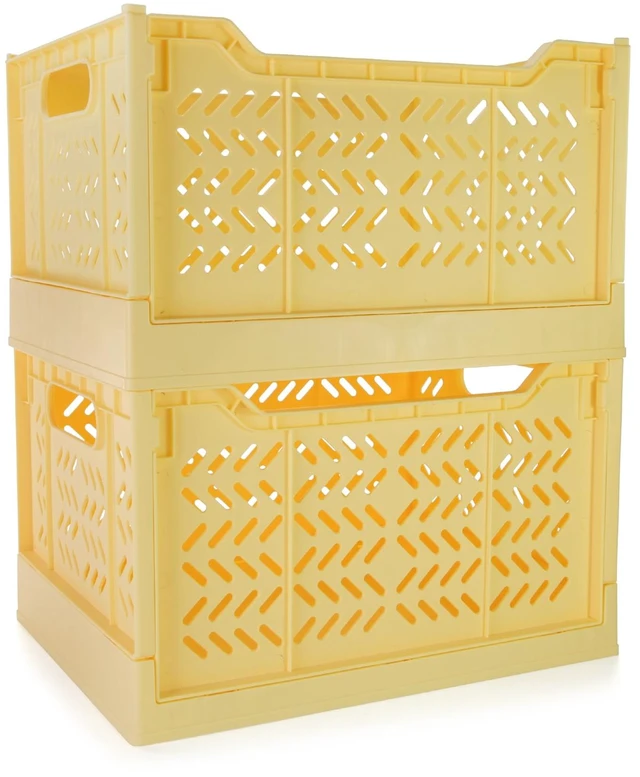 Main image of 2 Pack Stackable Storage Crates, Plastic Foldable Baskets Tall Yellow Easy-carry handles, suitable for toys books groceries office supplies and household storage for home office shopping