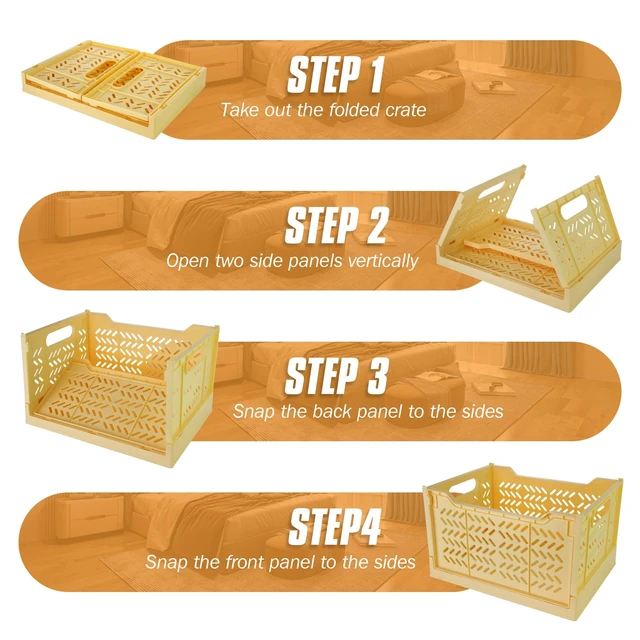 Alt view image 3 of 6 - 2 Pack Stackable Storage Crates, Plastic Foldable Baskets Tall Yellow Easy-carry handles, suitable for toys books groceries office supplies and household storage for home office shopping