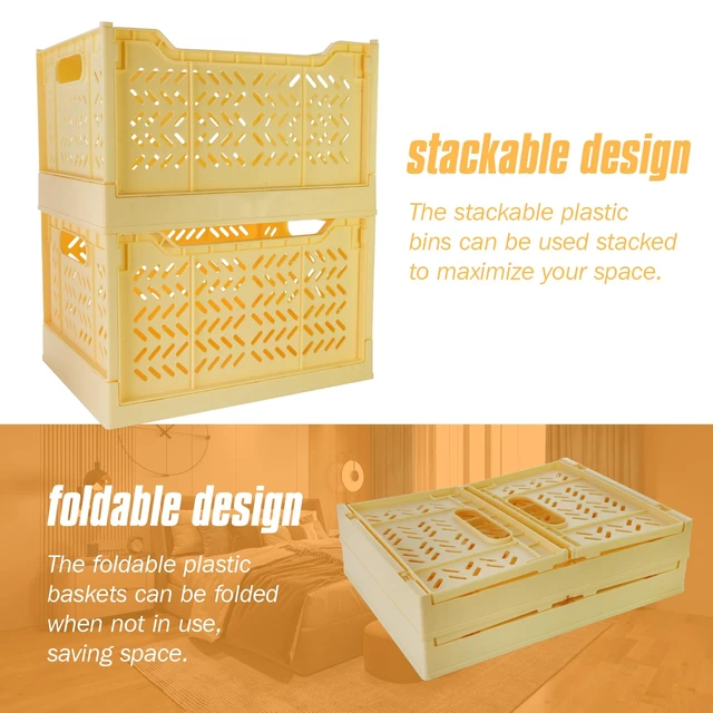 Alt view image 4 of 6 - 2 Pack Stackable Storage Crates, Plastic Foldable Baskets Tall Yellow Easy-carry handles, suitable for toys books groceries office supplies and household storage for home office shopping
