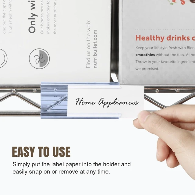 Alt view image 3 of 7 - 100Pcs Wire Shelf Label Holders with 100Pcs Label Paper Inserts, Plastic Wire Rack Label Holder Compatible with Metro and Nexel 1-1/4in Shelves, Label Area 3in Lx1.25in H