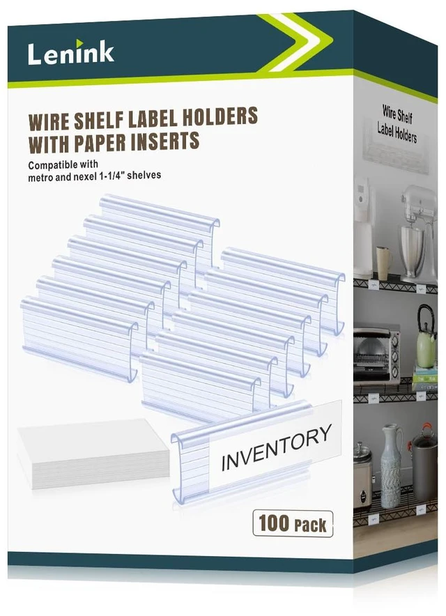 Main image of 100Pcs Wire Shelf Label Holders with 100Pcs Label Paper Inserts, Plastic Wire Rack Label Holder Compatible with Metro and Nexel 1-1/4in Shelves, Label Area 3in Lx1.25in H