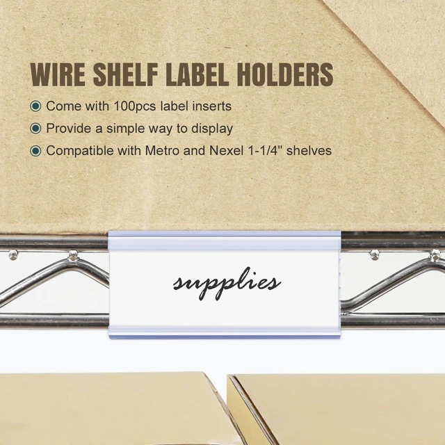 Alt view image 4 of 7 - 100Pcs Wire Shelf Label Holders with 100Pcs Label Paper Inserts, Plastic Wire Rack Label Holder Compatible with Metro and Nexel 1-1/4in Shelves, Label Area 3in Lx1.25in H