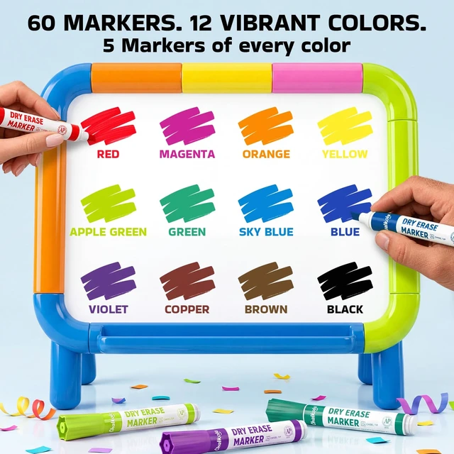 Alt view image 2 of 7 - Dry Erase Markers Bulk (60 Pack, 12 Vibrant Colors) Chisel Tip WhiteBoard Markers, Dry Erase Pens - White Board Pens for Kids, Teachers - Home, Office, School Classroom Supplies