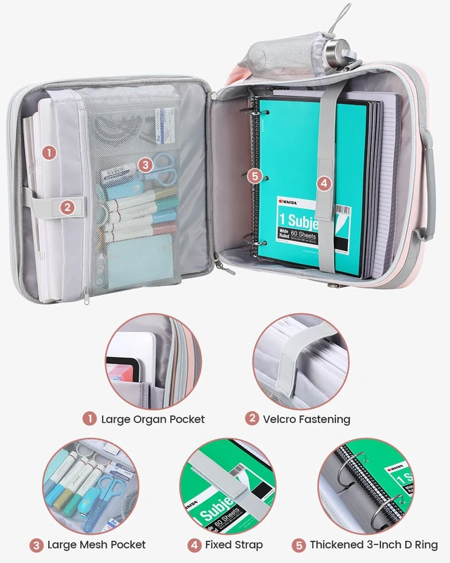 Alt view image 3 of 7 - Zipper Binder 3 Inch D-Ring 3 Ring with Water Bottle Holder Binder with Strap for School/Office, 700 Sheet Capacity-Multiple Pockets, Fit for 13" Tablet/Laptop, Pink