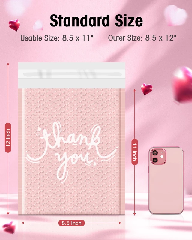 Alt view image 2 of 7 - Pink Bubble Mailers 8.5x12" 40 Pack Usable Size 8.5x11" Thank You Waterproof Padded Envelopes Self Seal Cushioning for Gifts Packaging, Mailing, Small Business Bulk