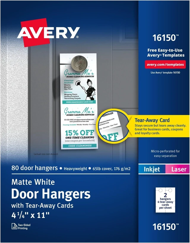 Main image of Printable Door Hangers with Tear-Away Cards, 4.25" x 11", Matte White, 80 Blank Door Hangers for Laser and Inkjet Printers (16150) (Pack of 5)