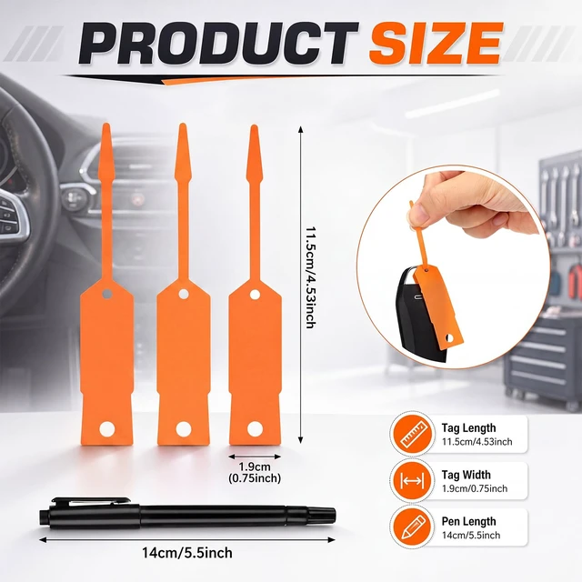 Alt view image 2 of 6 - 2000 Pcs Self Locking Arrow Key Tags,Orange, 4 1/2 x 3/4 Inch Car Key Labels Self Lock Identifiers Car Parts Tags with 5 Pcs Black Pens for Office Automotive Shop Supplies
